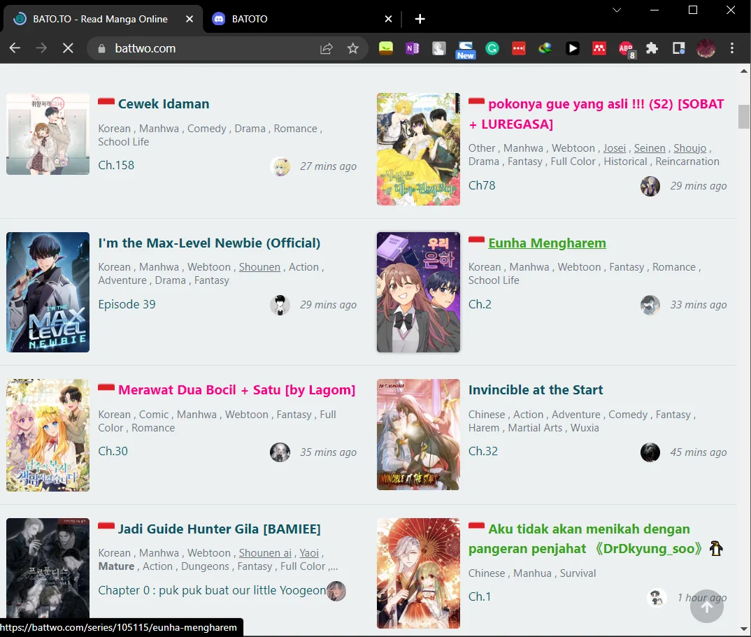 the image shows the process of searching manga on bato.to 